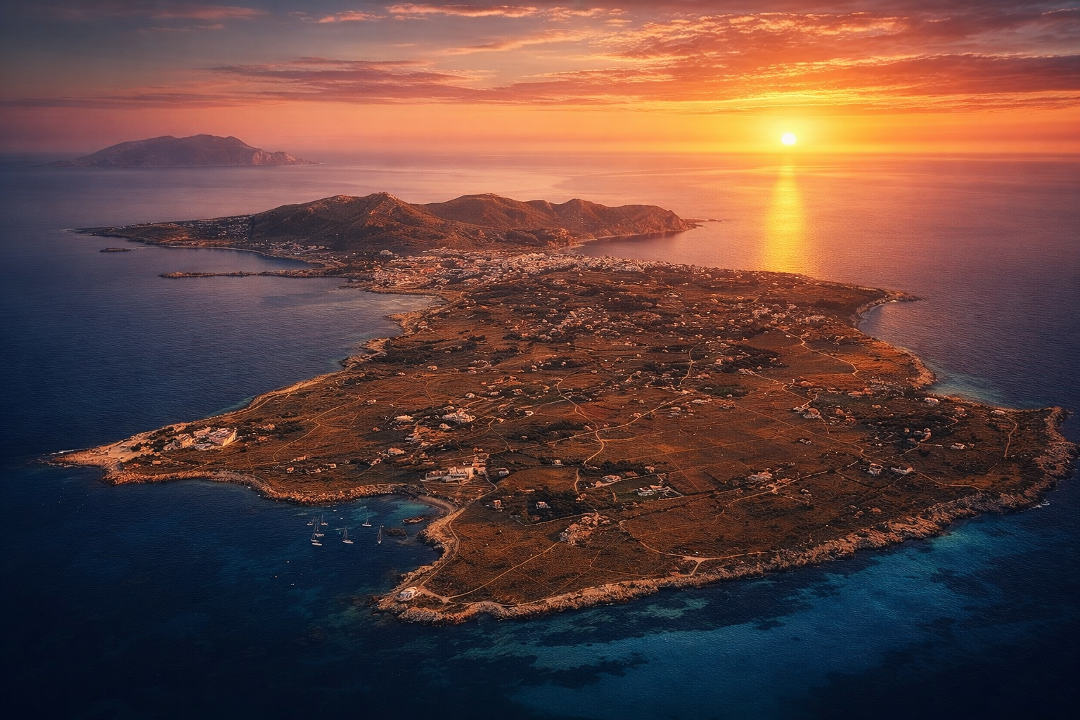 Favignana vista dall'alto con costa e mare al tramonto