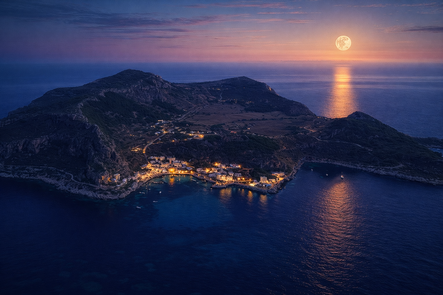 Levanzo vista dall'alto con Capo Grosso e mare al tramonto