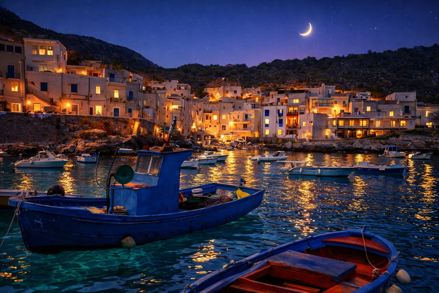 Porto di Levanzo e borgo al tramonto