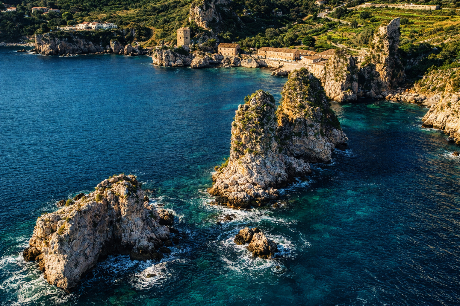 Vista panoramica aerea dei Faraglioni e della Tonnara di Scopello