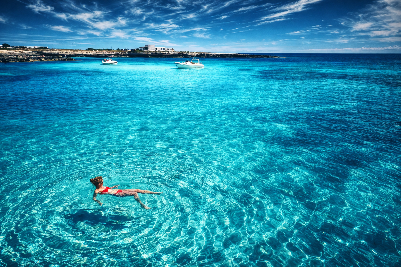 Favignana vista dall'alto con costa e mare al tramonto
