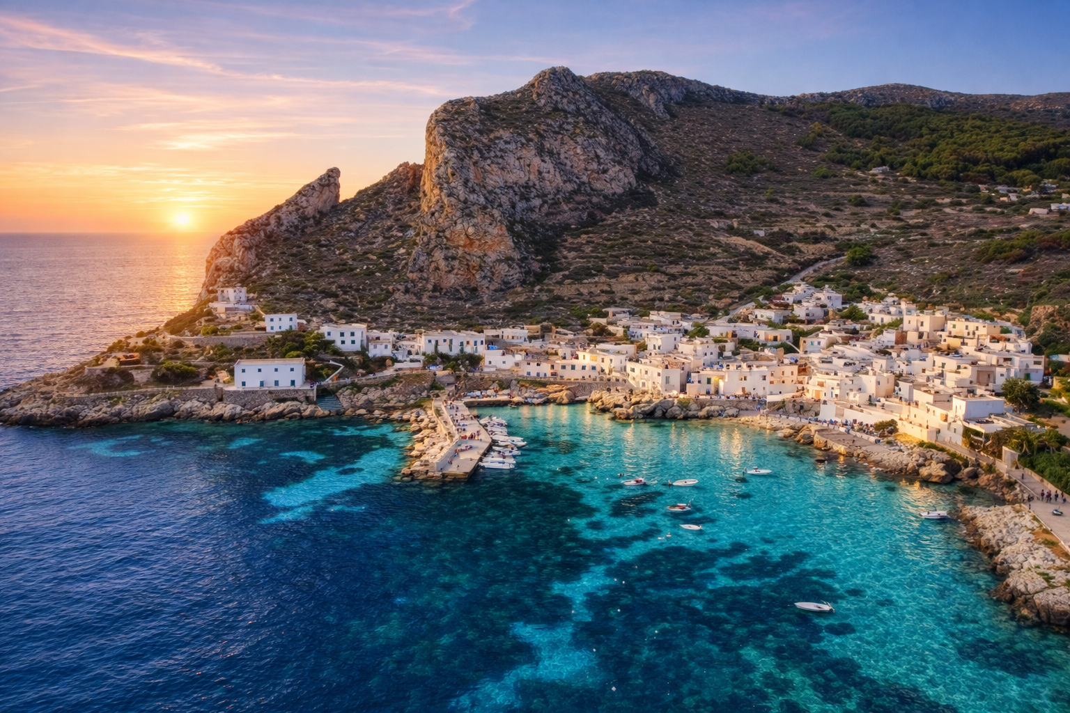 Porto di Levanzo con castello al tramonto