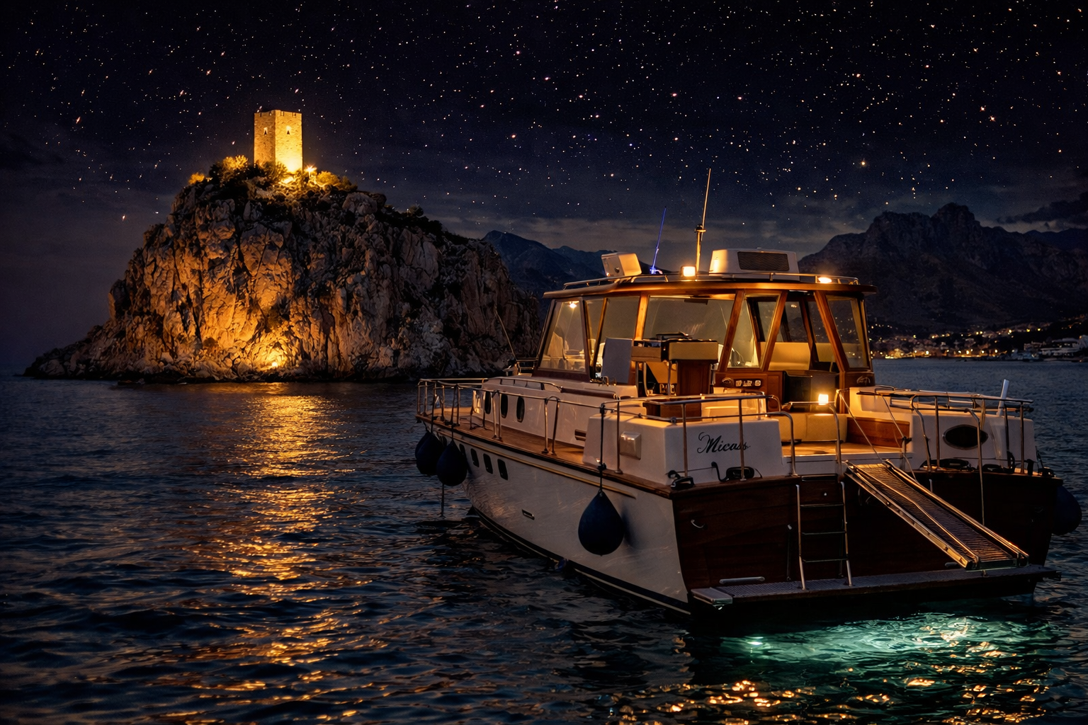 Micus illuminata di notte davanti alla costa di Scopello
